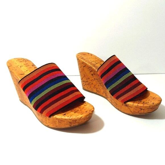 MONTEGO Bay Womens Size 6.5 Wedge Sandal Striped Rainbow Slip On Heel Colorful - Picture 1 of 11
